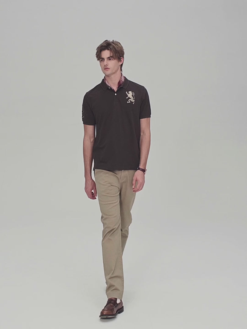 Men's Slim Fit 3D Lion Embroidery Lycra Pique Polo